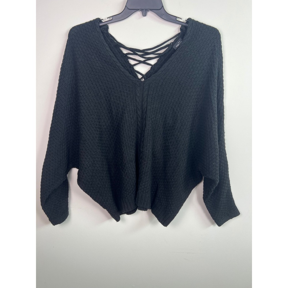 Rue 21 Black Long Sleeve Lace Up V Neck Knit‎ Sweater Size L